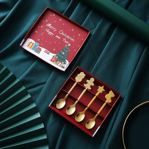 4PC Gold Holiday Coffee Dessert Spoons Gift Set Tableware - Picture 3 of 5